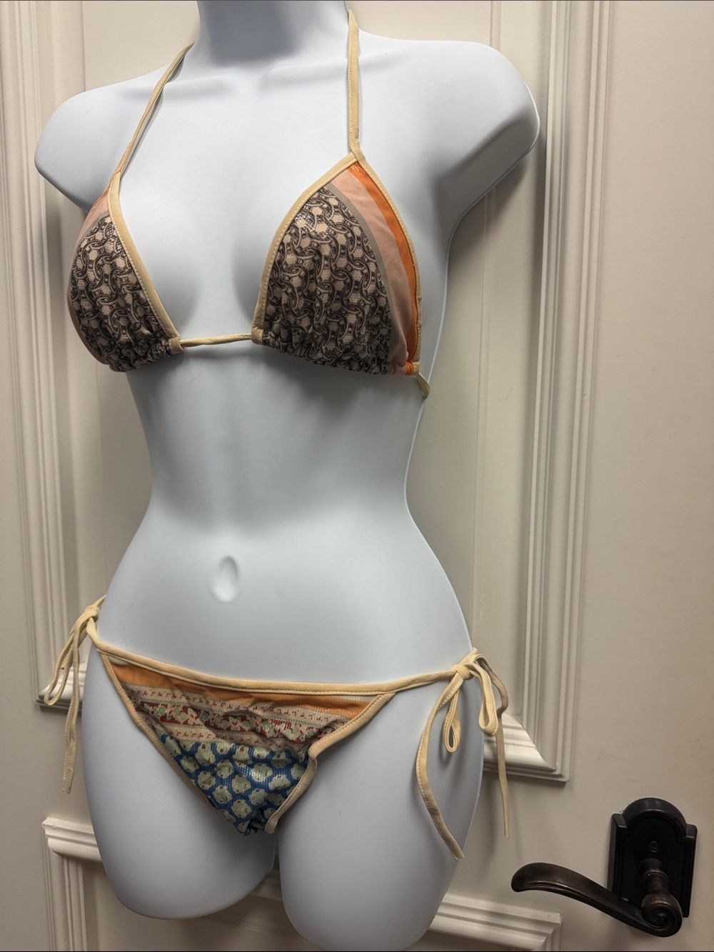 clover canyon bikini printed swim suit blue beige string tie